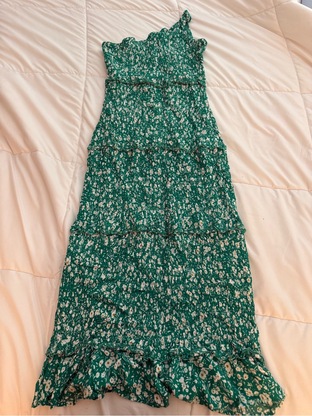 Women’s One-Shoulder Green Floral Maxi Dress